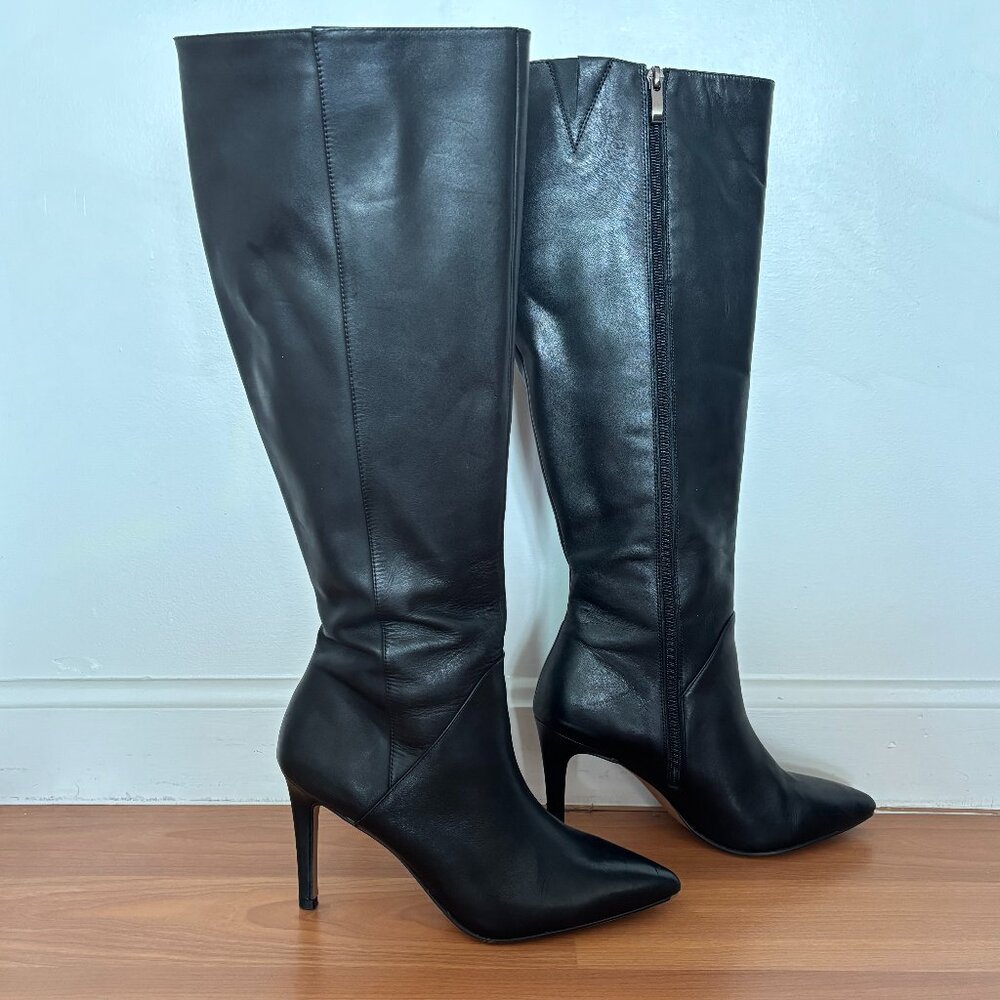 Franco Sarto knee-high black leather stiletto boots, size 7.5